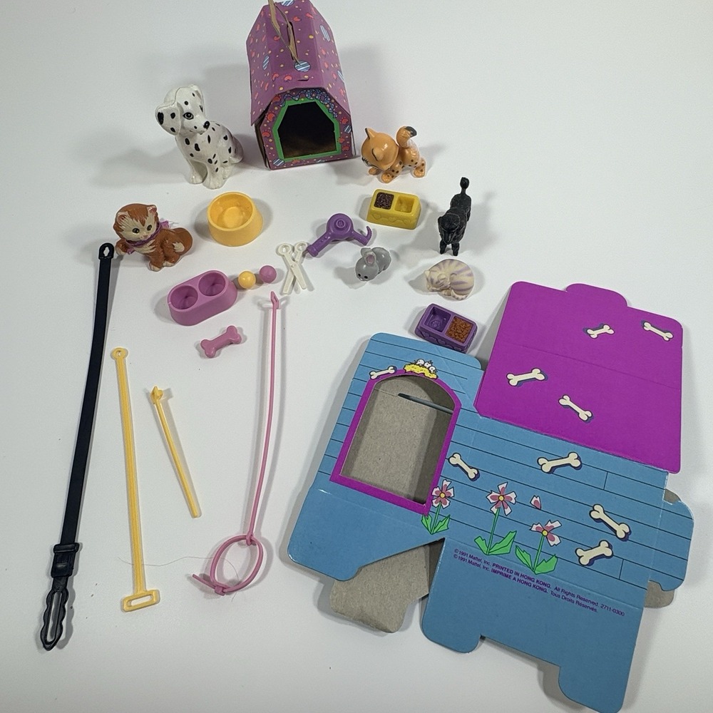 Lot Mattel Barbie Pet Pals Accessories 1991 Dog House Dog Cat Bunny Bowls Leash